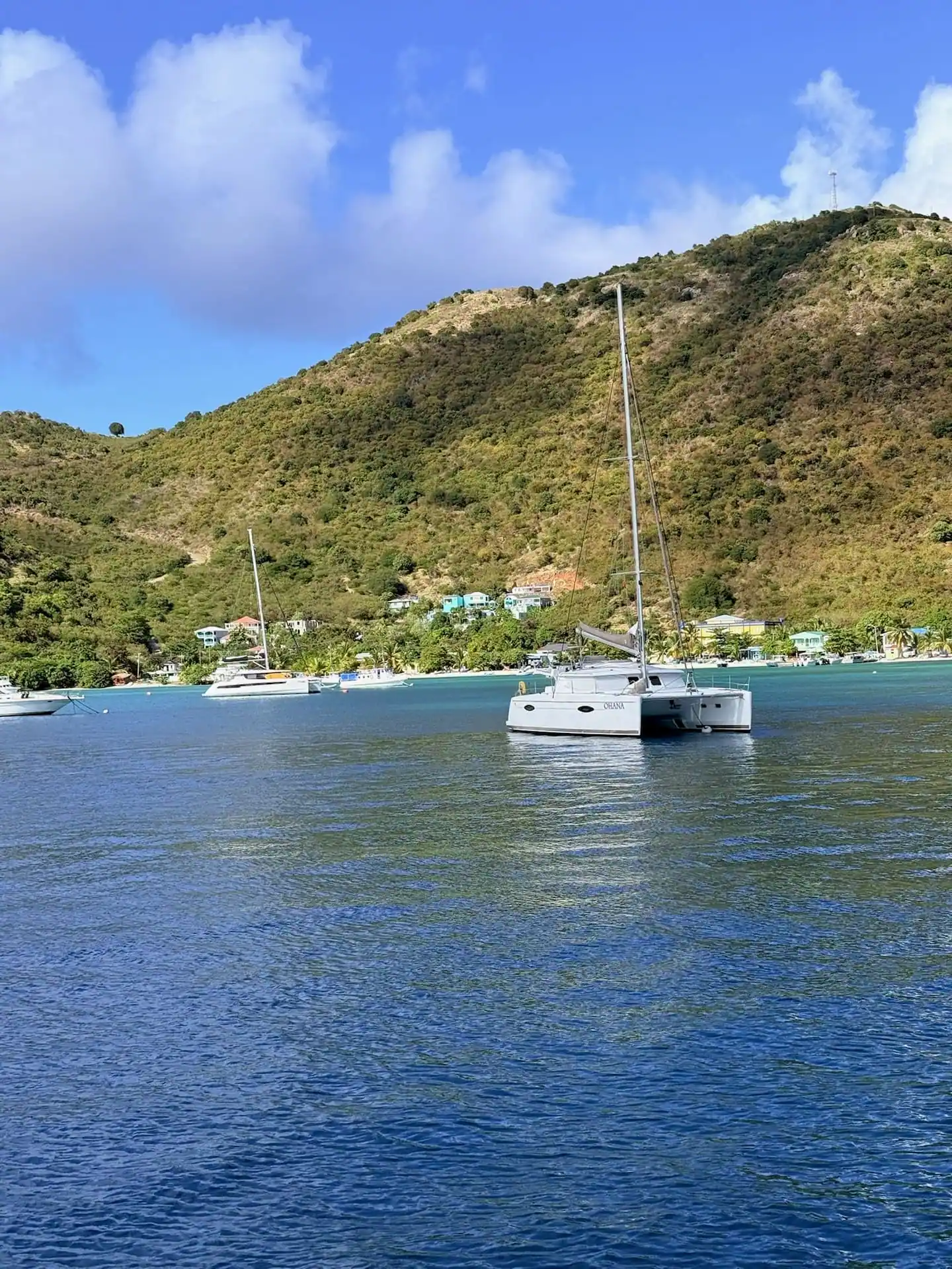 Catamaran sailing past a green tropical headland in the British Virgin Islands