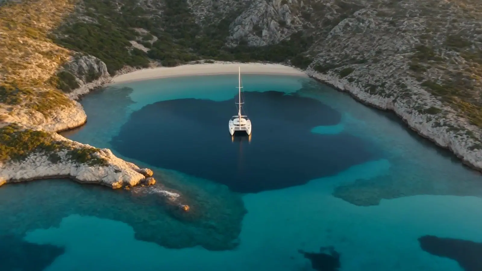 A catamaran anchored in a turquoise Mediterranean island cove at golden hour